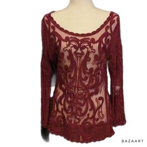 Express maroon see through mesh embroidered long sleeve top size medium